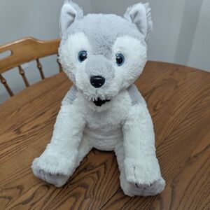 Gray and White Husky Plush Toy The Bear Factory. 15 Inches Long. 12 Inches High